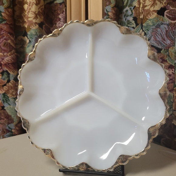 Vintage Milk Glass Relish Plate and Bowl with Gold accent Trim - Picture 4 of 14